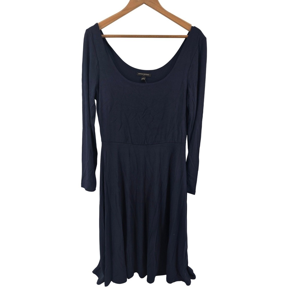 Banana Republic Dress Womens Large Navy Blue Fit‎ & Flare Scoop Neck Long Sleeve